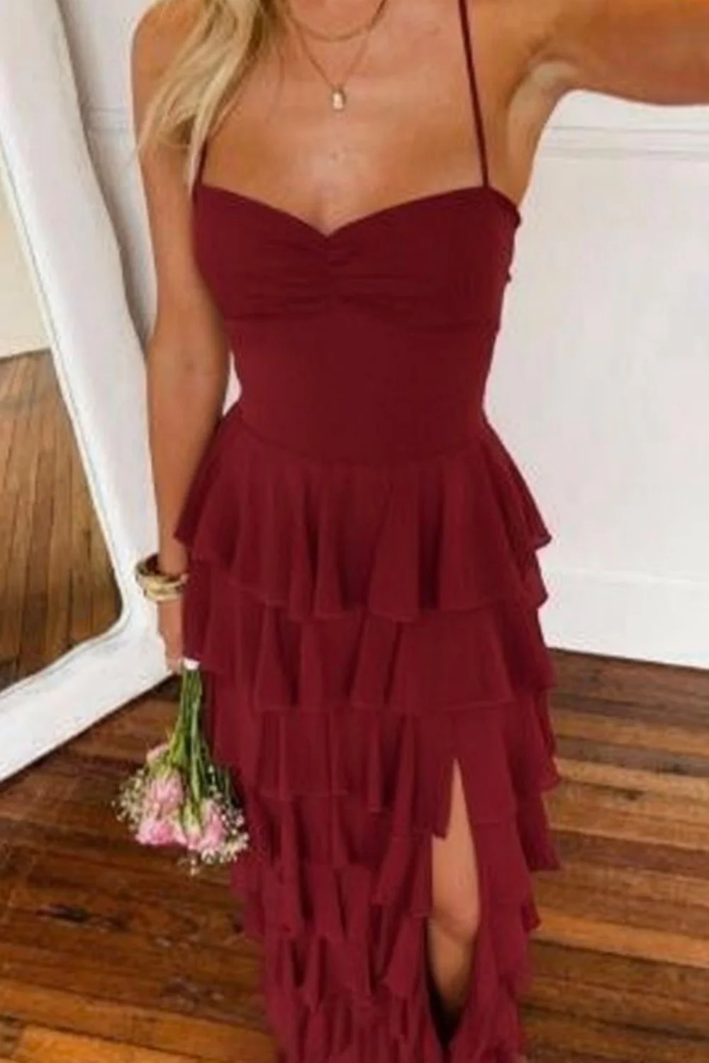 Pink Ruffle Tiered Spaghetti Straps Lace-Up Back Prom Dress with Slit - Image 4