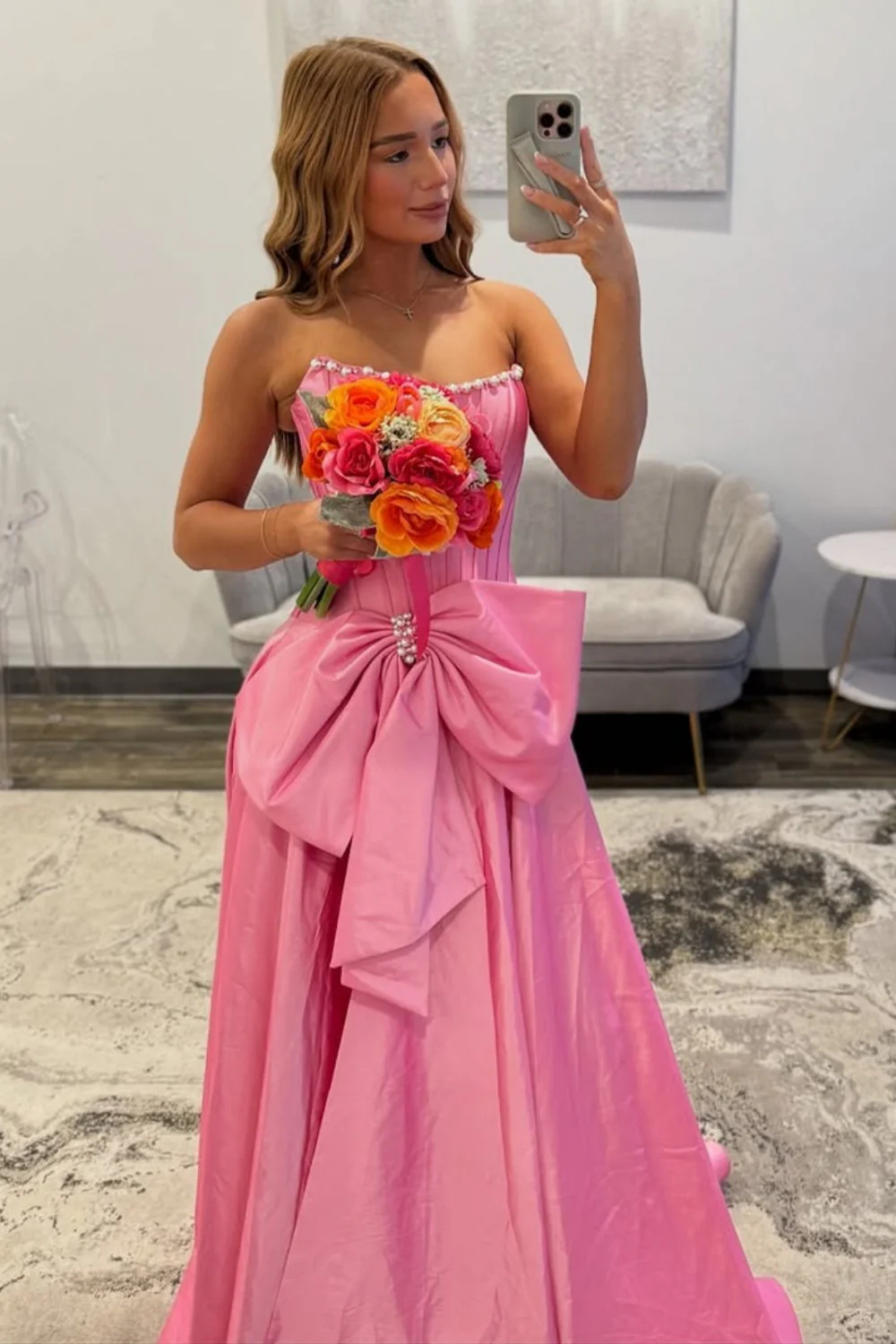 Pink Satin Corset Prom Dress with Neckline Pearl Trim & Oversized Bow - Image 4