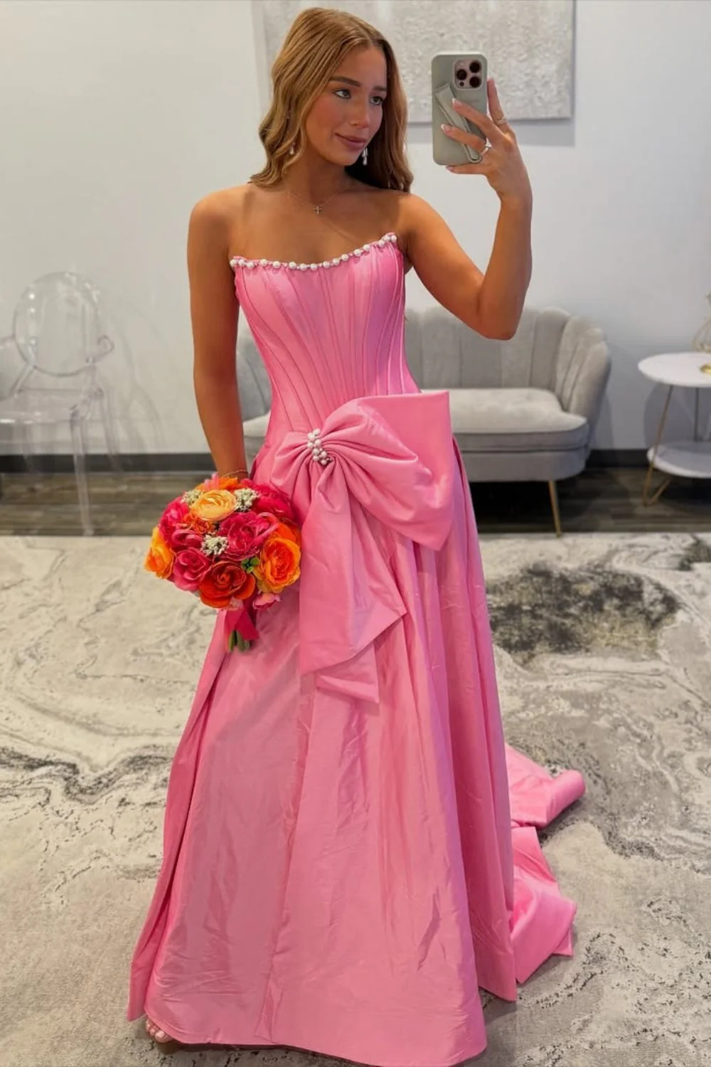 Pink Satin Corset Prom Dress with Neckline Pearl Trim & Oversized Bow - Image 5