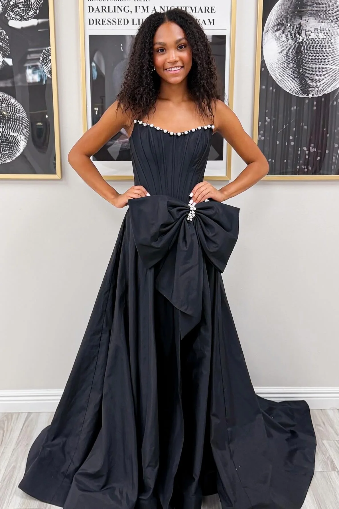 Pink Satin Corset Prom Dress with Neckline Pearl Trim & Oversized Bow - Image 6