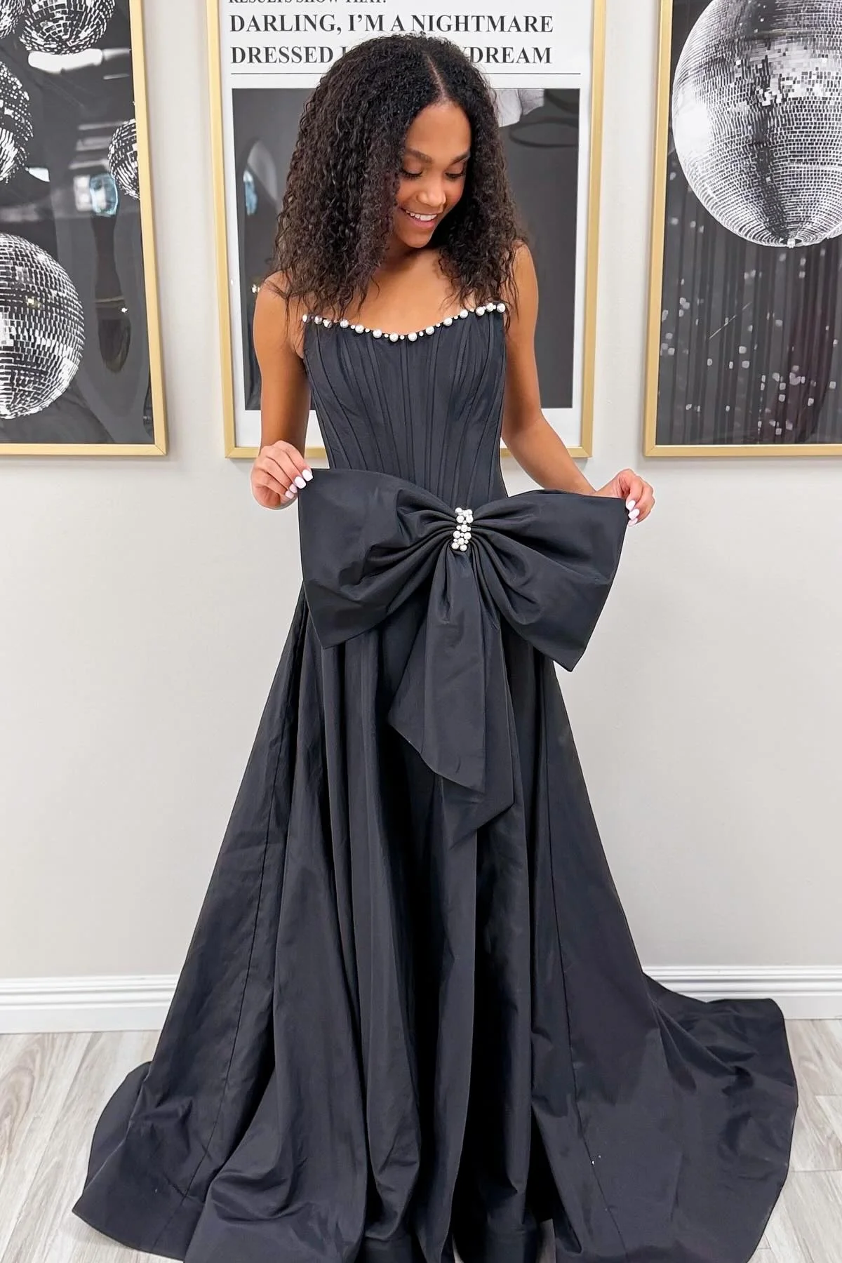 Pink Satin Corset Prom Dress with Neckline Pearl Trim & Oversized Bow - Image 7