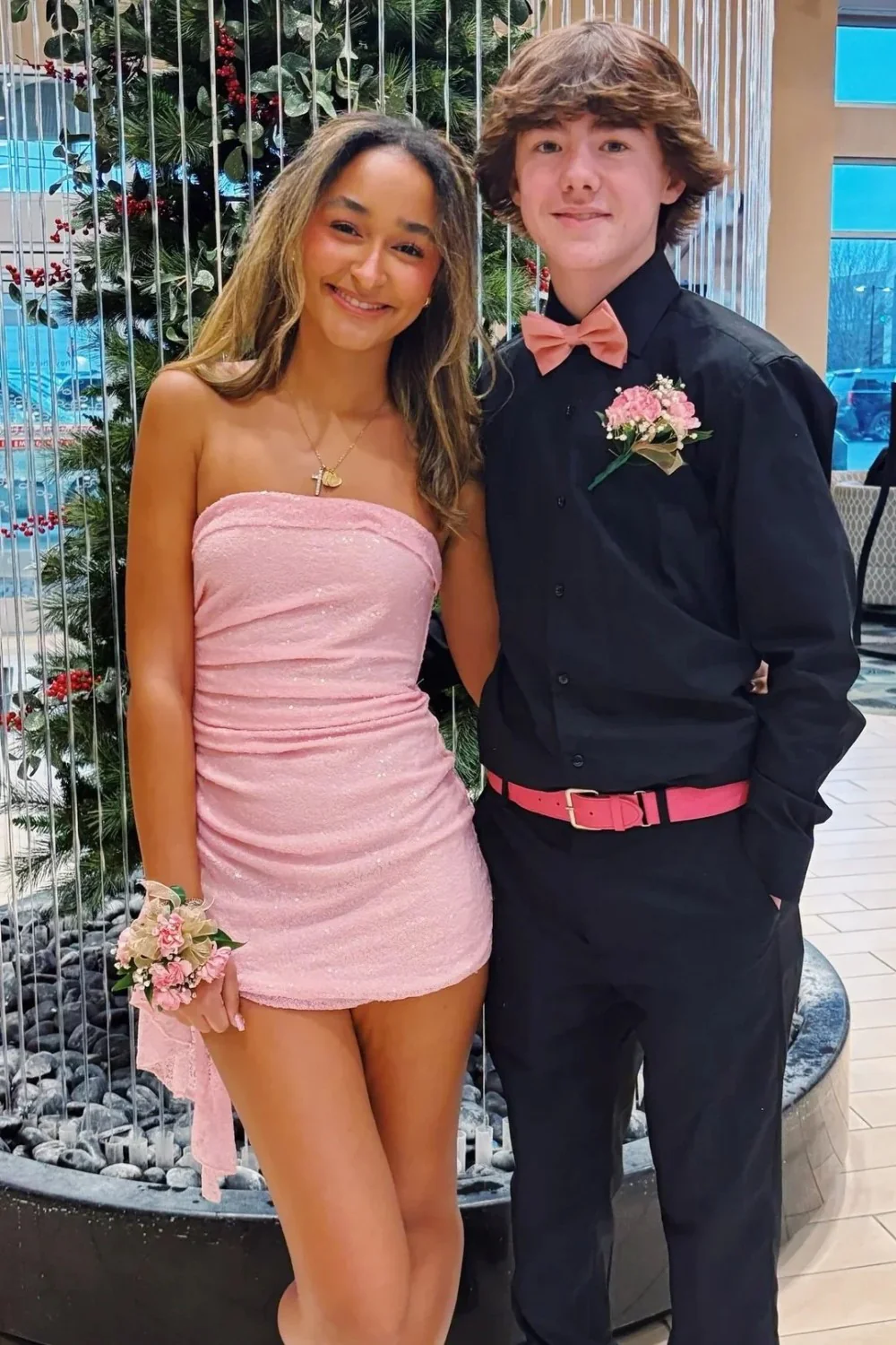 Pink Strapless Sequin Ruched Mini Homecoming Dress with Side Drape Detail - Image 3