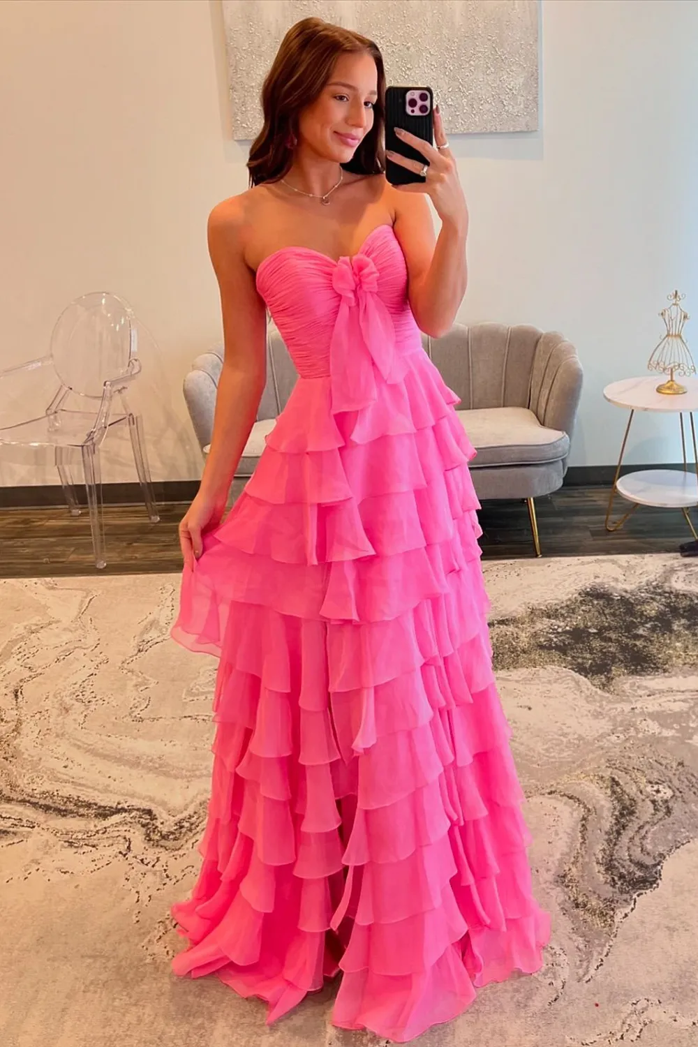 Cute Yellow Sweetheart Zipper Back A-Line Tiered Chiffon Prom Dress with Let Slit - Image 5