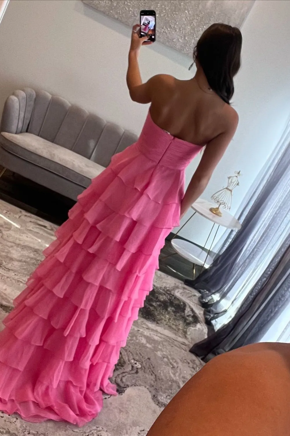 Cute Yellow Sweetheart Zipper Back A-Line Tiered Chiffon Prom Dress with Let Slit - Image 6