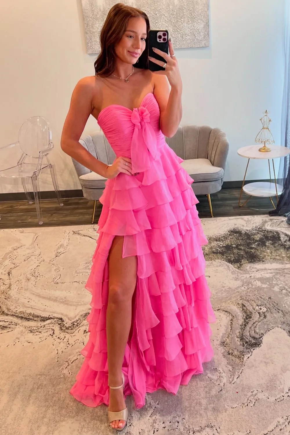 Cute Yellow Sweetheart Zipper Back A-Line Tiered Chiffon Prom Dress with Let Slit - Image 9