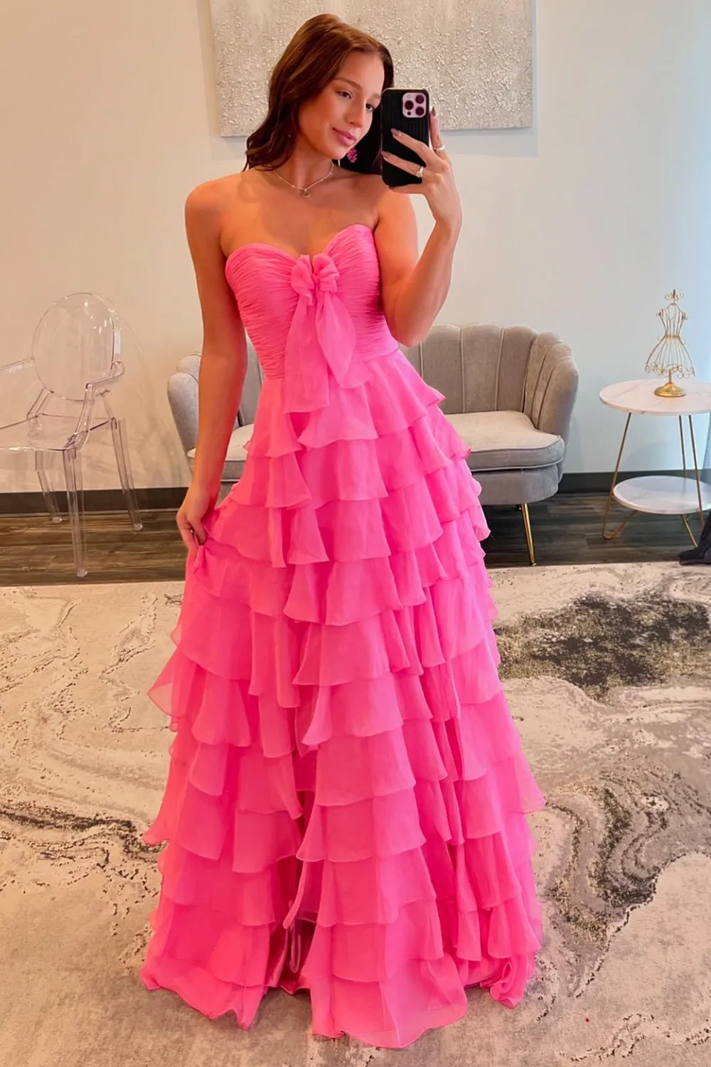 Cute Yellow Sweetheart Zipper Back A-Line Tiered Chiffon Prom Dress with Let Slit - Image 7