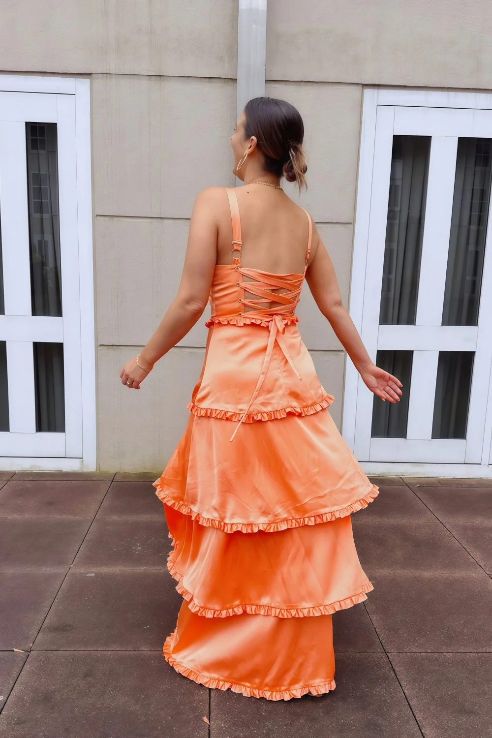 Pink Tiered Ruffle Square Neck Lace Up Prom Dress with High Slit - Image 3