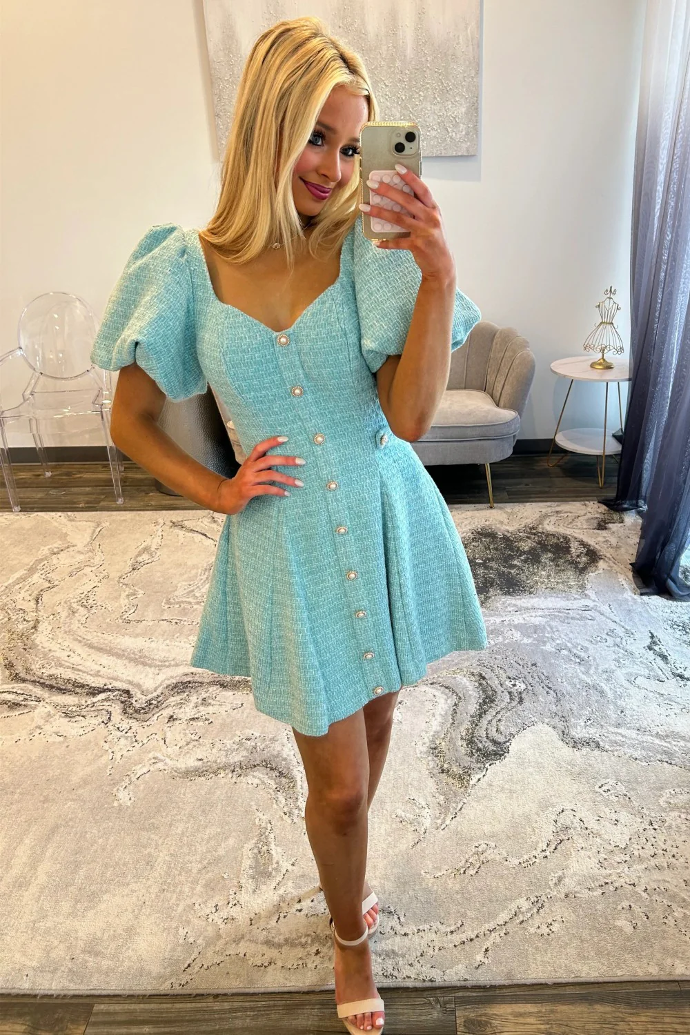 Pink Tweed Puff Sleeve Homecoming Dress with Pearl Buttons and Fit Flare Silhouette - Image 10