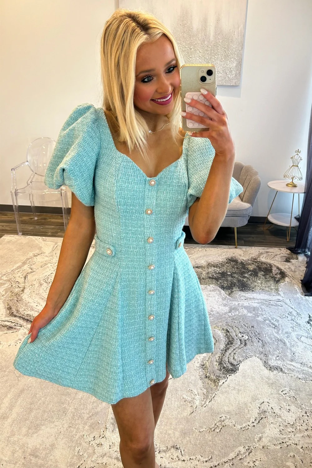 Pink Tweed Puff Sleeve Homecoming Dress with Pearl Buttons and Fit Flare Silhouette - Image 11