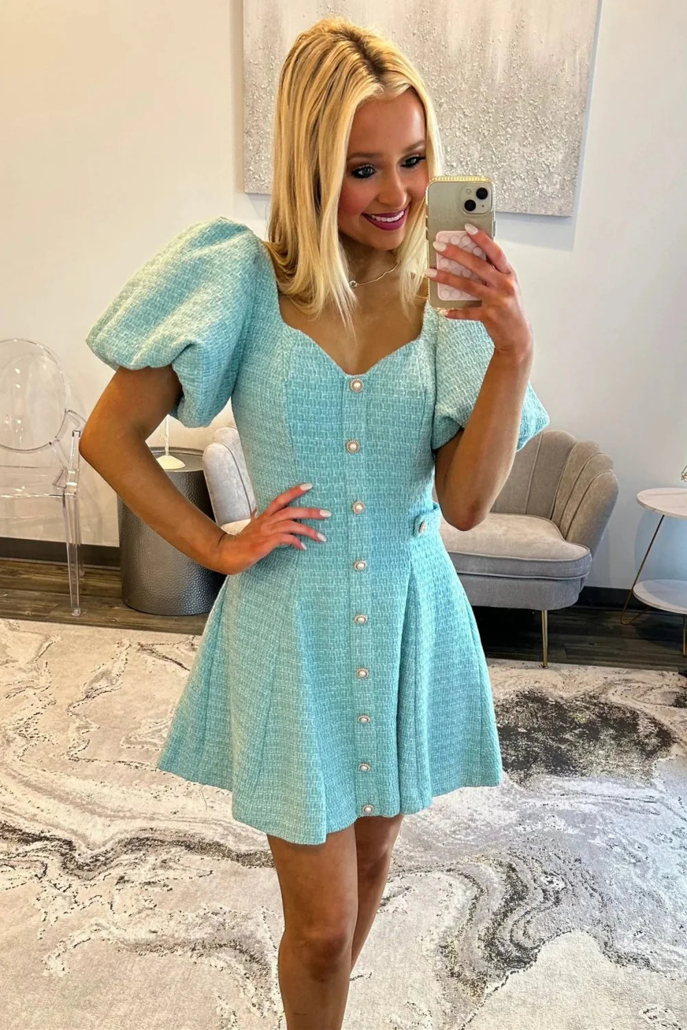 Pink Tweed Puff Sleeve Homecoming Dress with Pearl Buttons and Fit Flare Silhouette - Image 13
