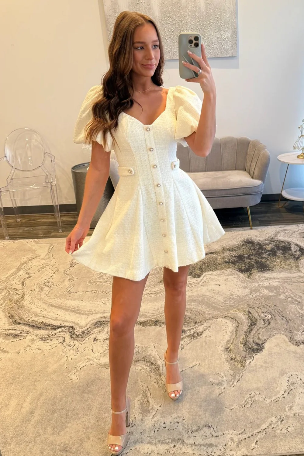 Pink Tweed Puff Sleeve Homecoming Dress with Pearl Buttons and Fit Flare Silhouette - Image 17