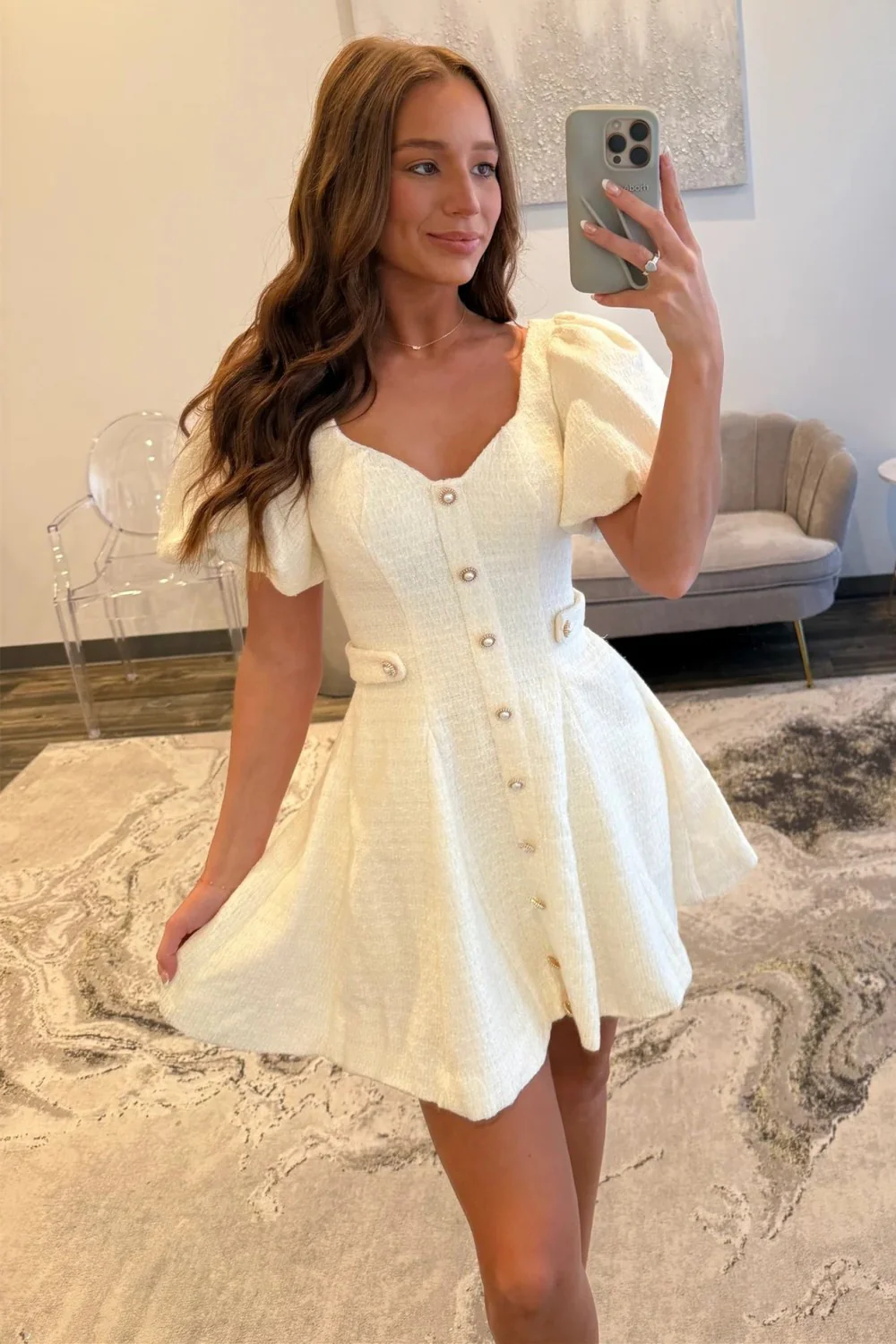 Pink Tweed Puff Sleeve Homecoming Dress with Pearl Buttons and Fit Flare Silhouette - Image 18