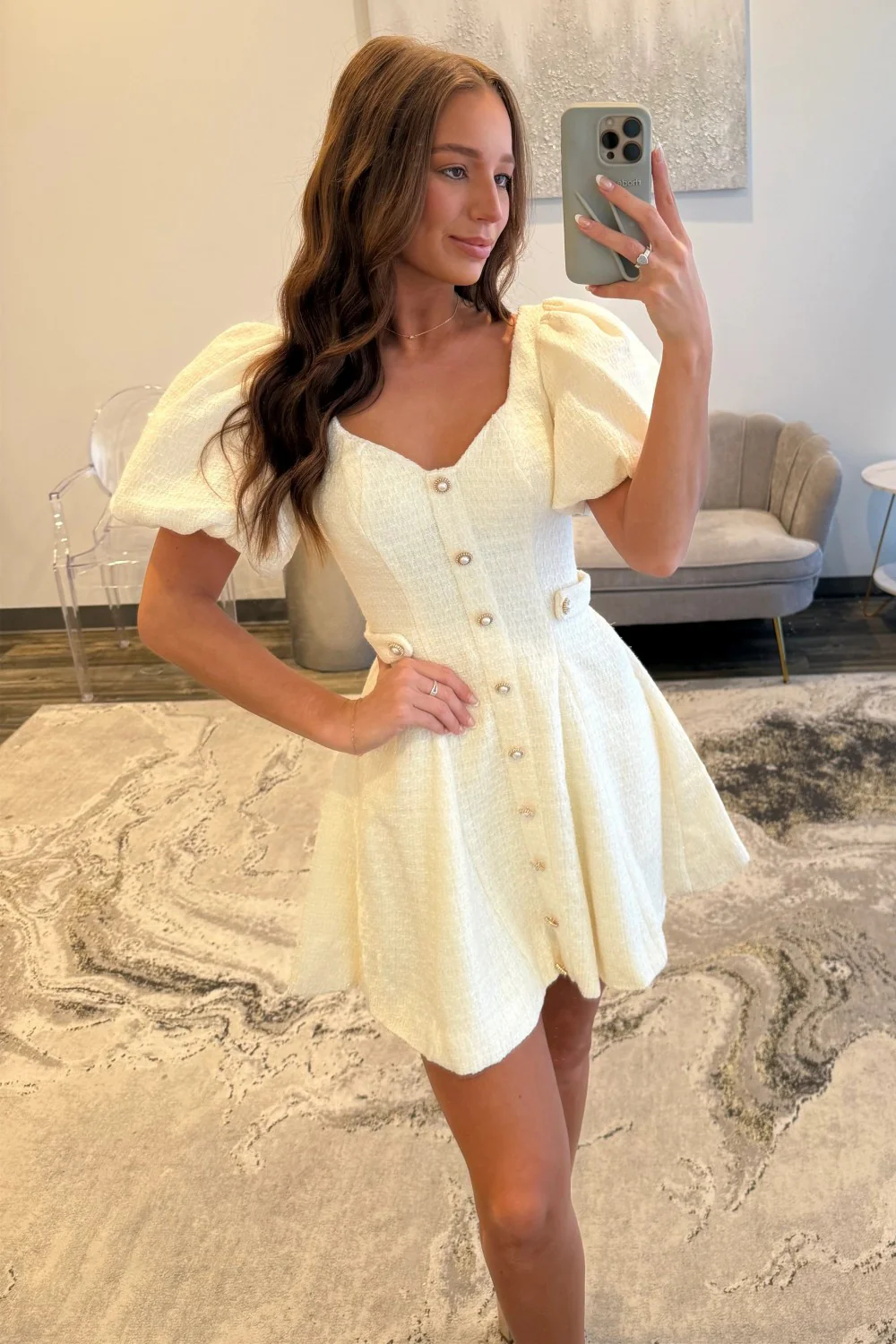 Pink Tweed Puff Sleeve Homecoming Dress with Pearl Buttons and Fit Flare Silhouette - Image 19