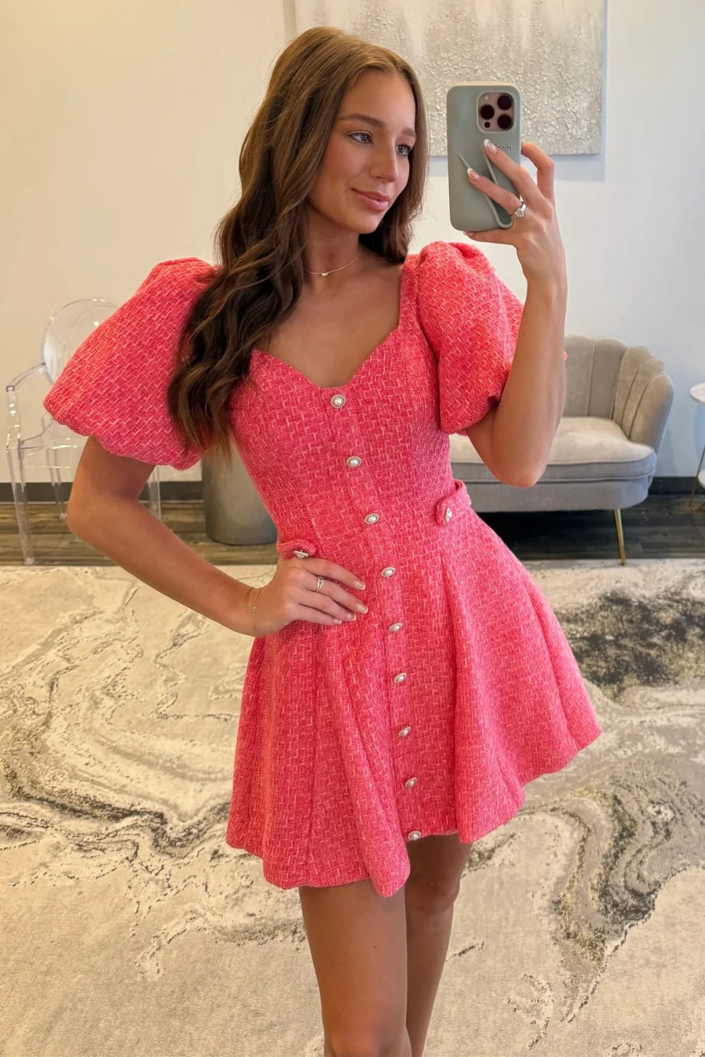 Pink Tweed Puff Sleeve Homecoming Dress with Pearl Buttons and Fit Flare Silhouette - Image 2