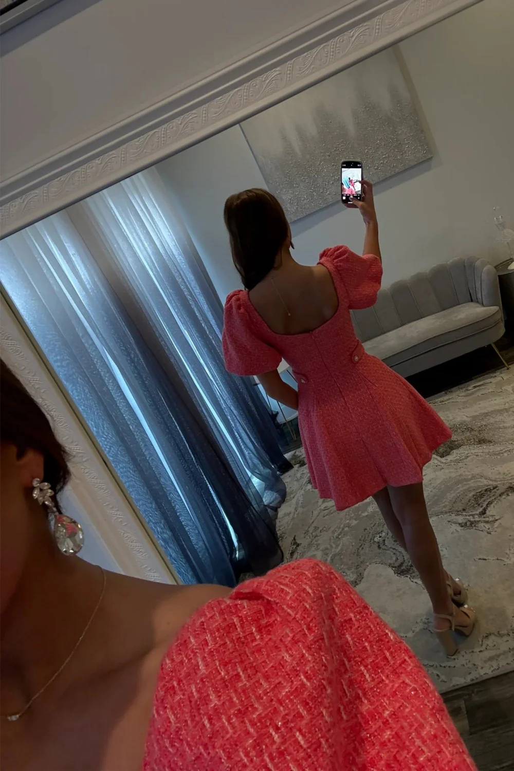 Pink Tweed Puff Sleeve Homecoming Dress with Pearl Buttons and Fit Flare Silhouette - Image 3
