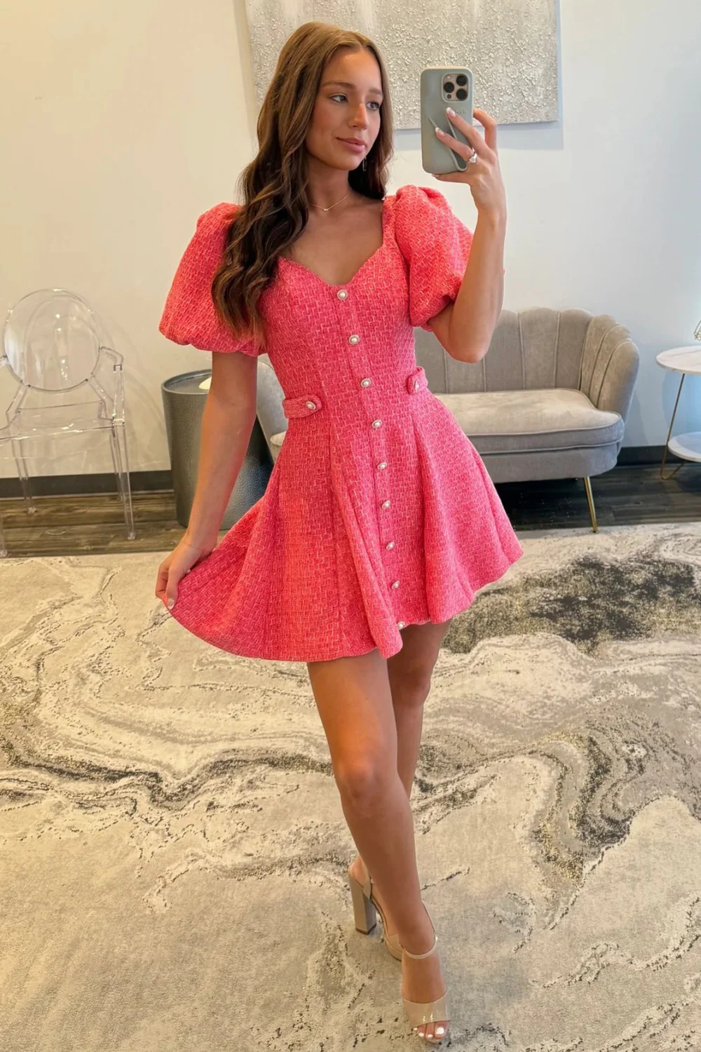Pink Tweed Puff Sleeve Homecoming Dress with Pearl Buttons and Fit Flare Silhouette - Image 5