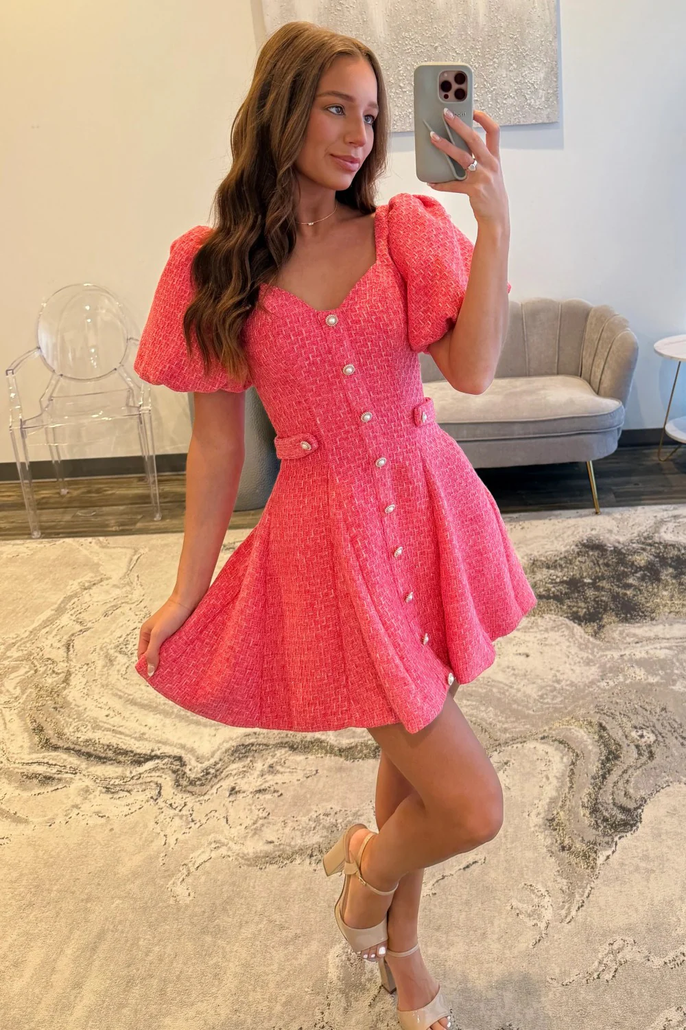 Pink Tweed Puff Sleeve Homecoming Dress with Pearl Buttons and Fit Flare Silhouette - Image 6