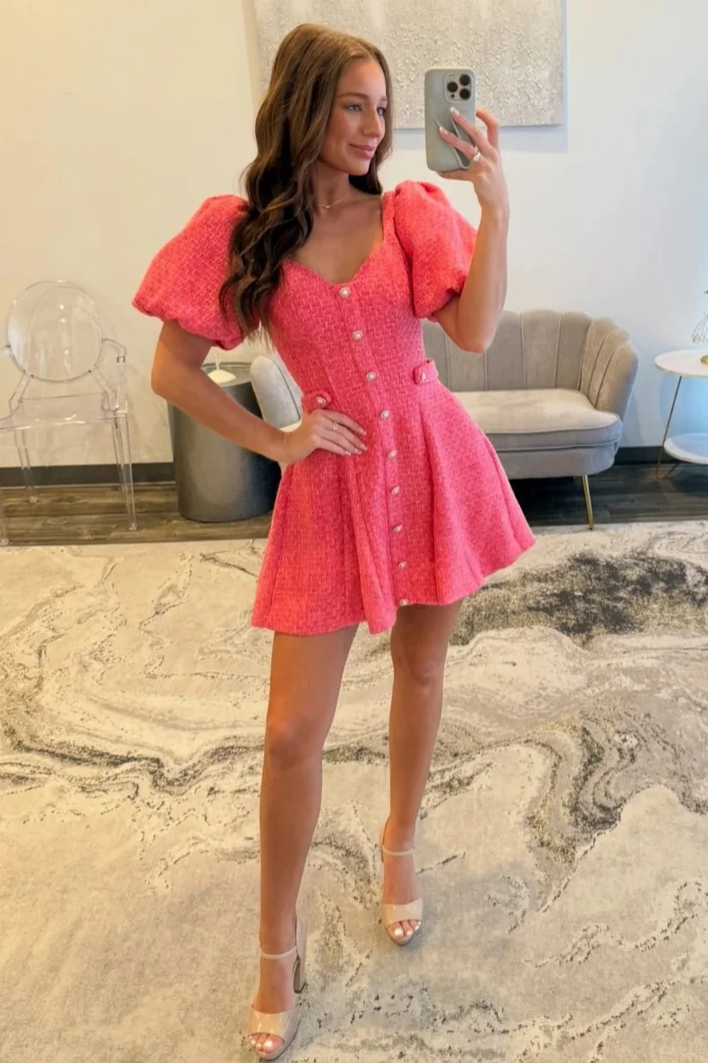 Pink Tweed Puff Sleeve Homecoming Dress with Pearl Buttons and Fit Flare Silhouette - Image 7