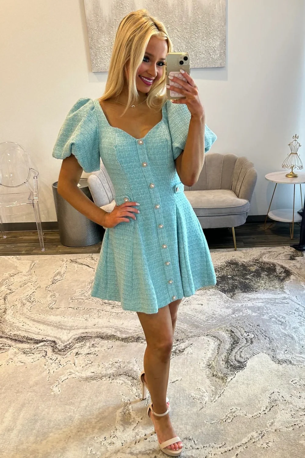 Pink Tweed Puff Sleeve Homecoming Dress with Pearl Buttons and Fit Flare Silhouette - Image 8