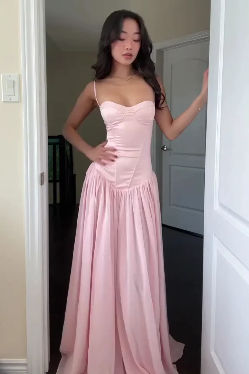 Pretty A Line Spaghetti Straps Pink Corset Prom Dress with Ruffles - Image 4