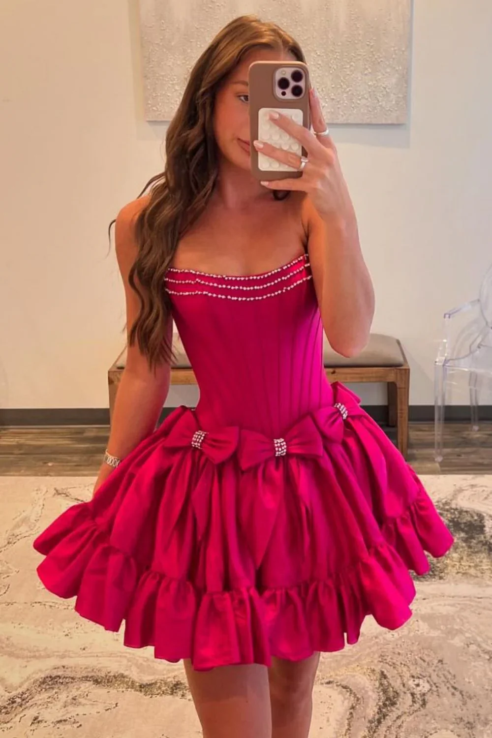 Pretty A-Line Strapless Short Satin Homecoming Dress with Bowknots - Image 13