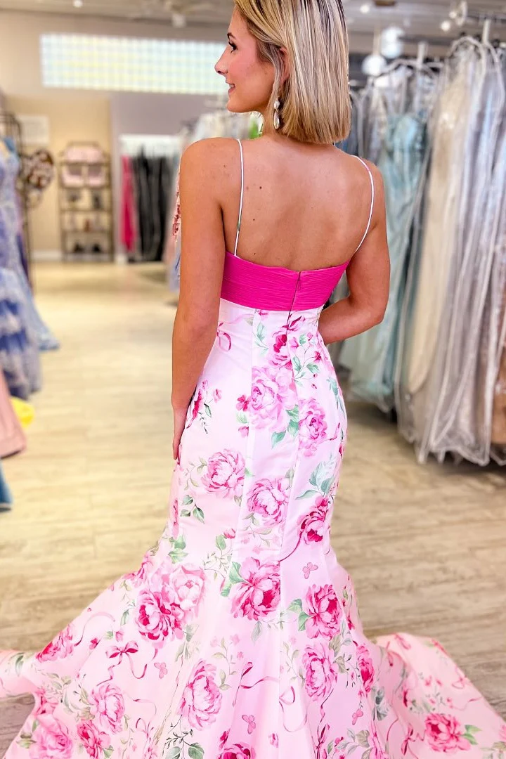 Pretty Mermaid Spaghetti Straps Pink Printed Long Prom Dress with Bowknot - Image 3