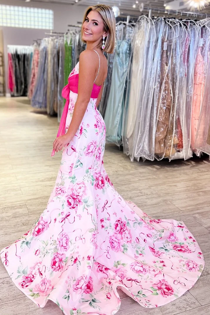 Pretty Mermaid Spaghetti Straps Pink Printed Long Prom Dress with Bowknot - Image 4