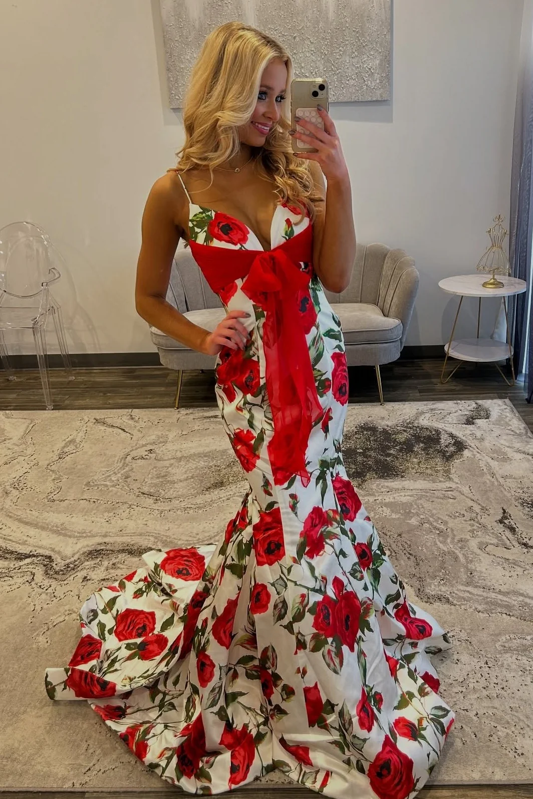 Pretty Mermaid Spaghetti Straps Pink Printed Long Prom Dress with Bowknot - Image 5