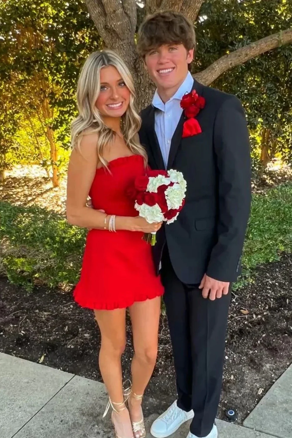 Pretty Sheath Strapless Red Satin Short Homecoming Dress with Ruffles - Image 2