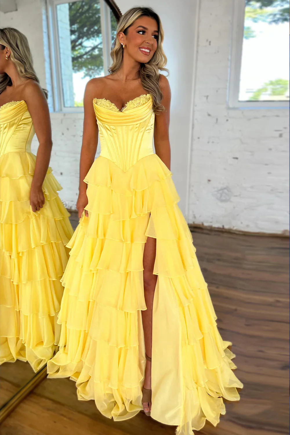 Pretty Sweetheart A-Line Satin Top Long Layered Chiffon Prom Dress with Slit - Image 3