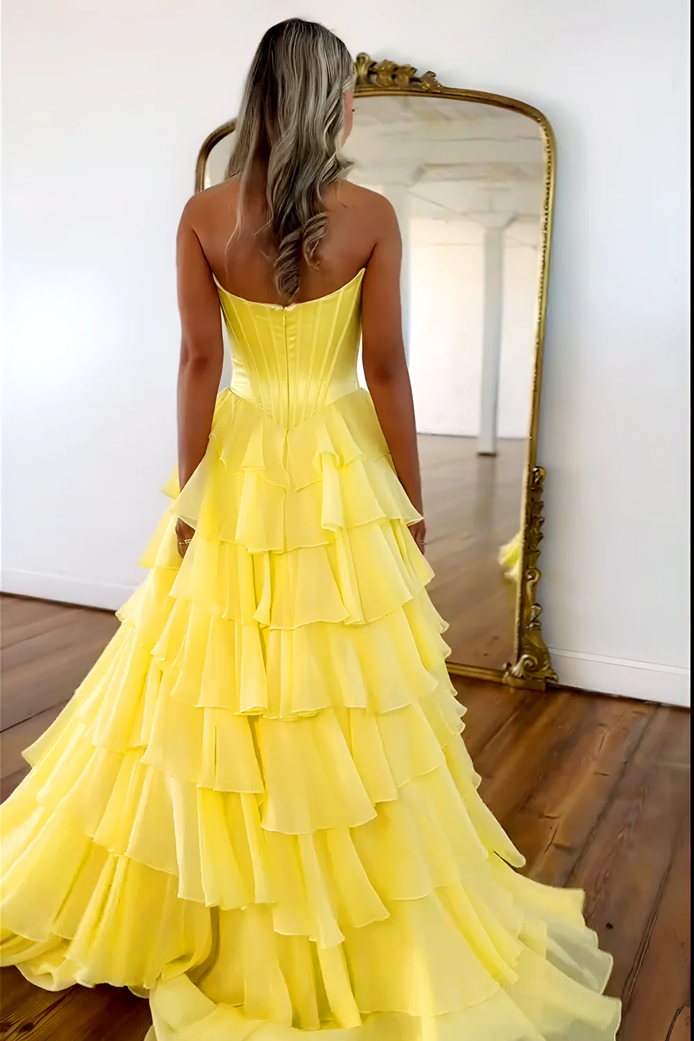 Pretty Sweetheart A-Line Satin Top Long Layered Chiffon Prom Dress with Slit - Image 4