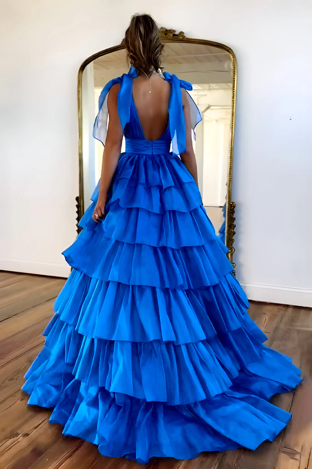 Princess A-Line Deep V-Neck Pink Long Tulle Prom Dress with Ruffles Slit - Image 4