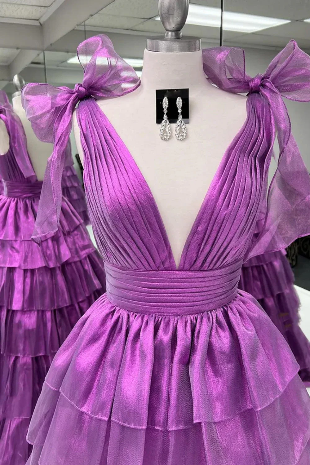 Princess A-Line Deep V-Neck Pink Long Tulle Prom Dress with Ruffles Slit - Image 6