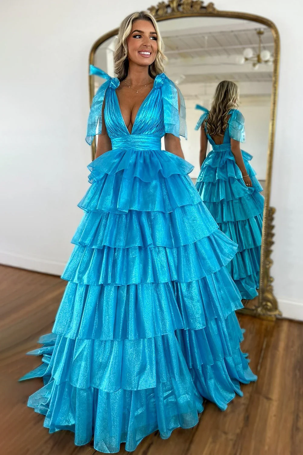 Princess A-Line Deep V-Neck Pink Long Tulle Prom Dress with Ruffles Slit - Image 7