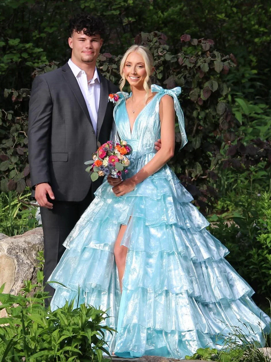 Princess A-Line Deep V-Neck Pink Long Tulle Prom Dress with Ruffles Slit - Image 9