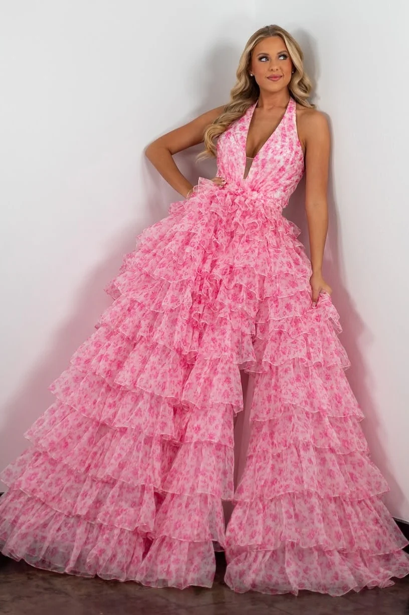 Princess A Line Halter Neck Pink Printed Tulle Long Prom Dress with Ruffles - Image 2