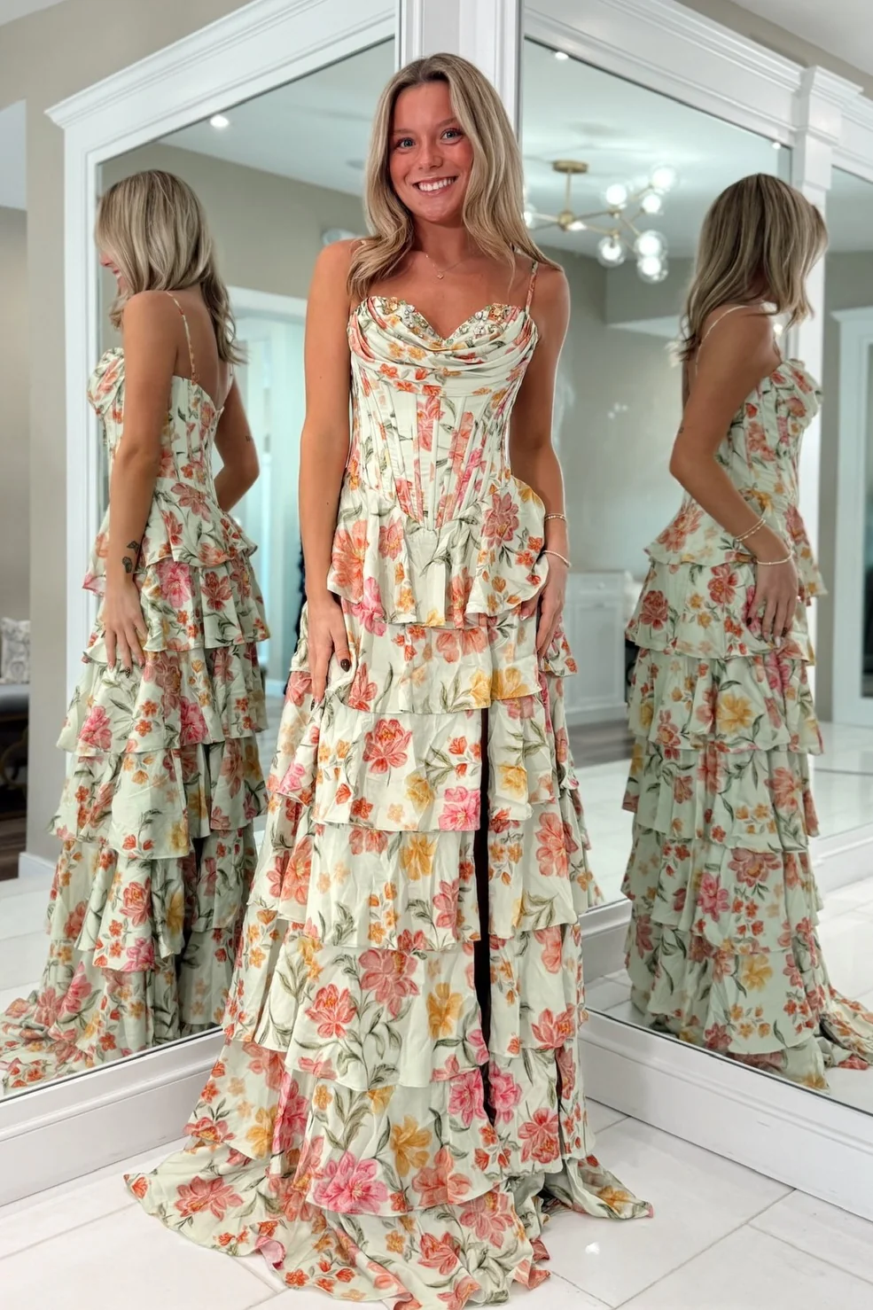 Princess A Line Spaghetti Straps Light Green Corset Prom Dress with Ruffles - Image 5