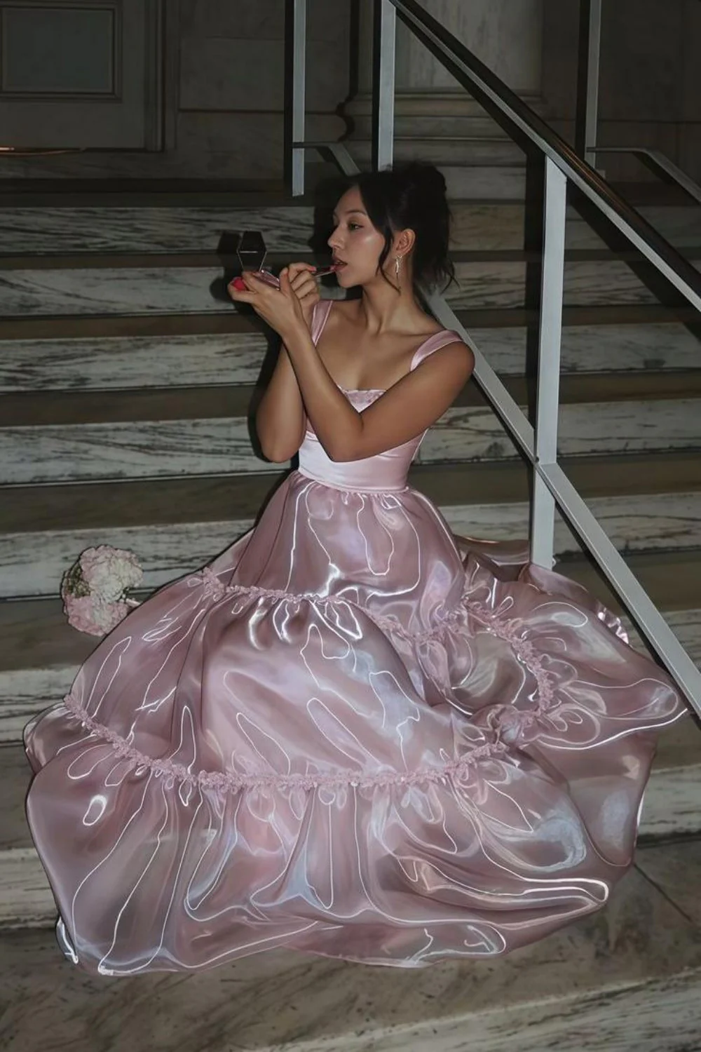 Princess A Line Spaghetti Straps Pink Long Prom Dress with Lace Ruffles - Image 3