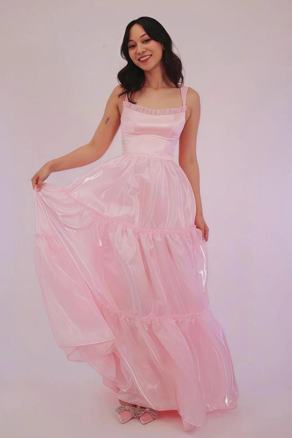 Princess A Line Spaghetti Straps Pink Long Prom Dress with Lace Ruffles - Image 5