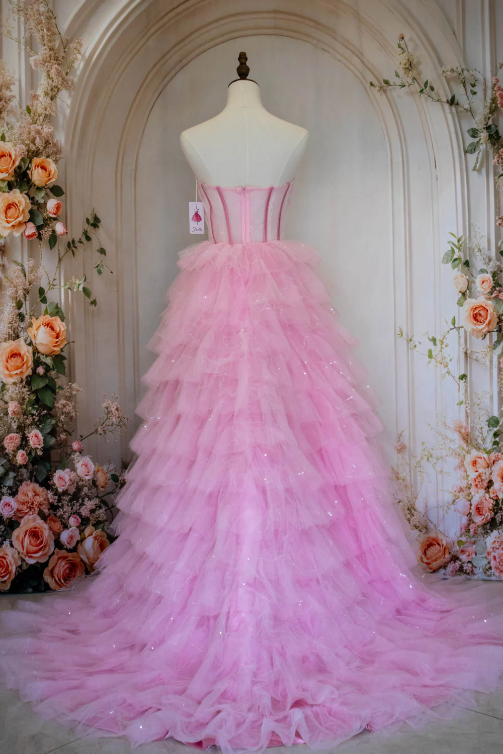 Princess A Line Strapless Pink Tulle Long Prom Dress with Ruffles - Image 2