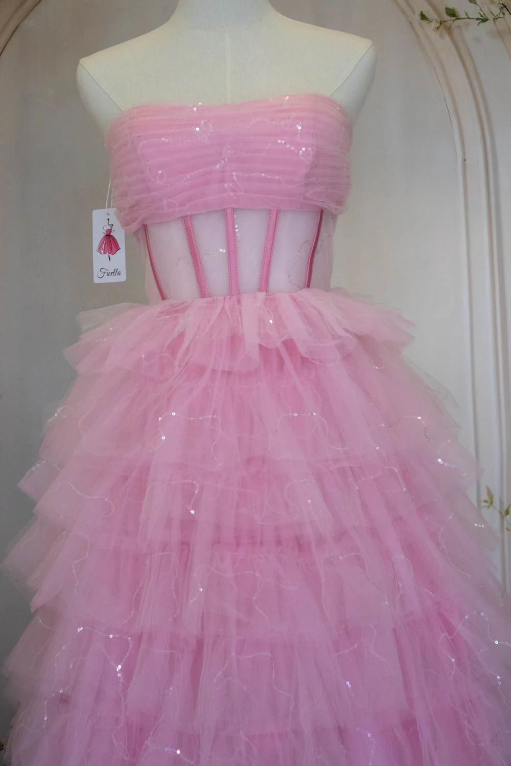 Princess A Line Strapless Pink Tulle Long Prom Dress with Ruffles - Image 7