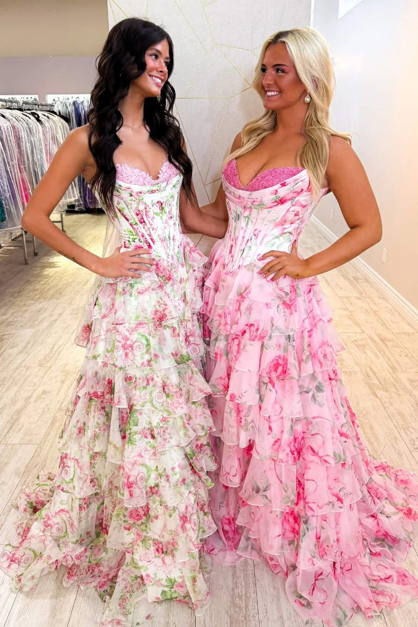 Princess A Line Sweetheart Pink Corset Prom Dress with Ruffles Appliques - Image 5