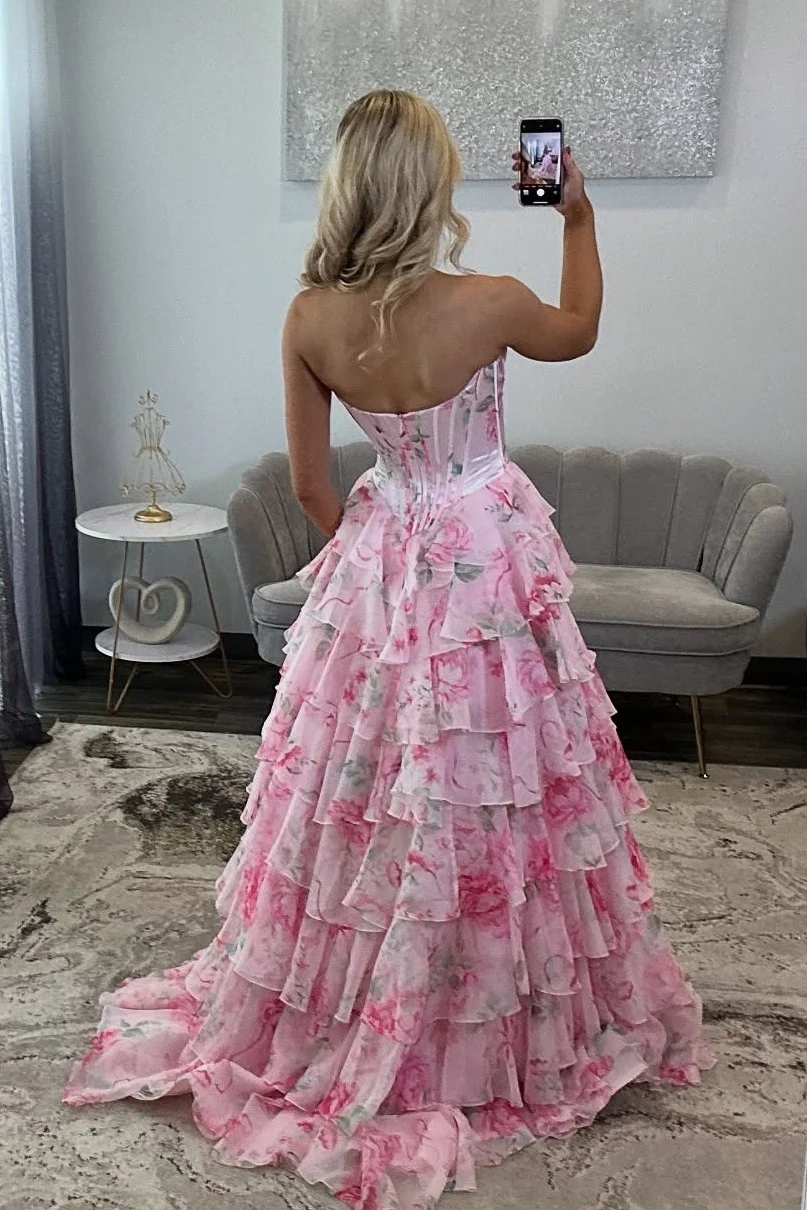 Princess A Line Sweetheart Pink Corset Prom Dress with Ruffles Appliques - Image 8