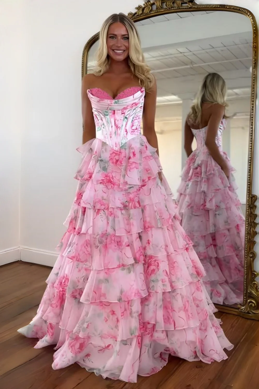 Princess A Line Sweetheart Pink Corset Prom Dress with Ruffles Appliques - Image 9