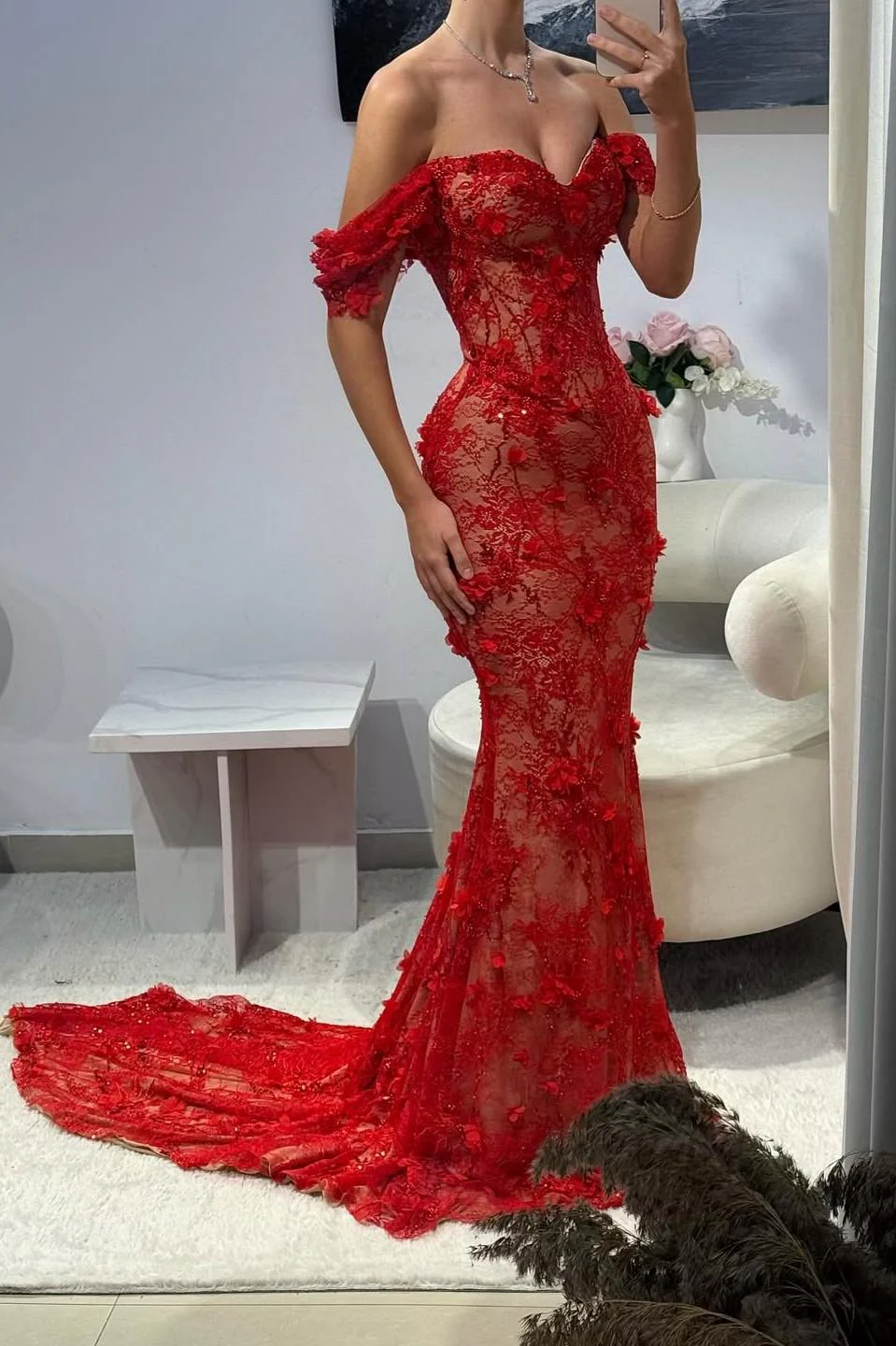 Red Off-Shoulder Lace Mermaid Prom Dress with Floral Appliqués - Image 2