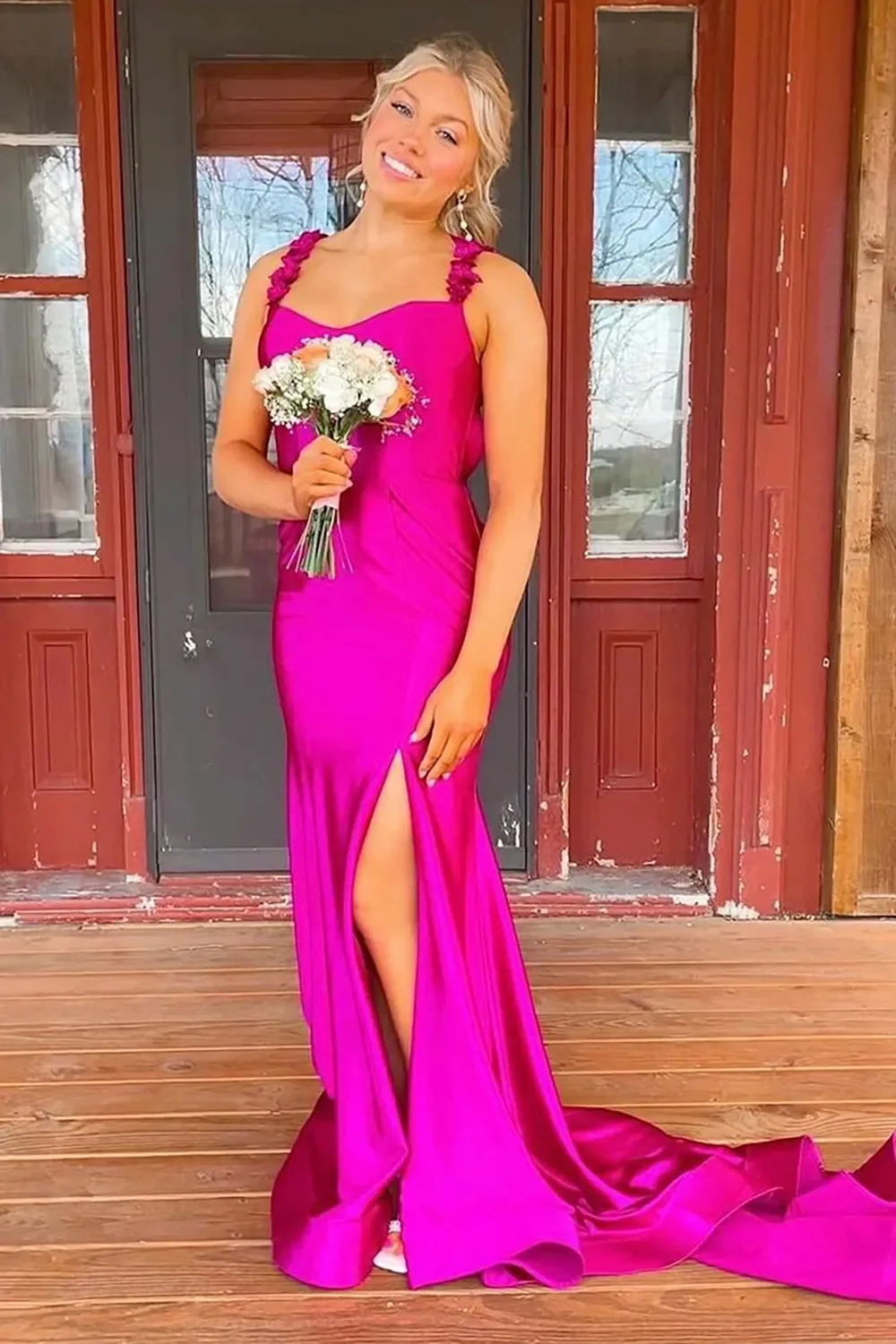 Red Satin Mermaid Prom Dress with Floral Strap Detailing and High Leg Slit - Image 2