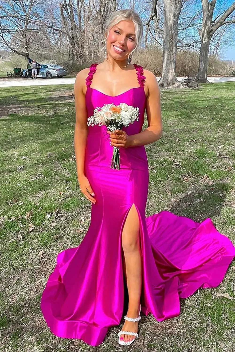 Red Satin Mermaid Prom Dress with Floral Strap Detailing and High Leg Slit - Image 4