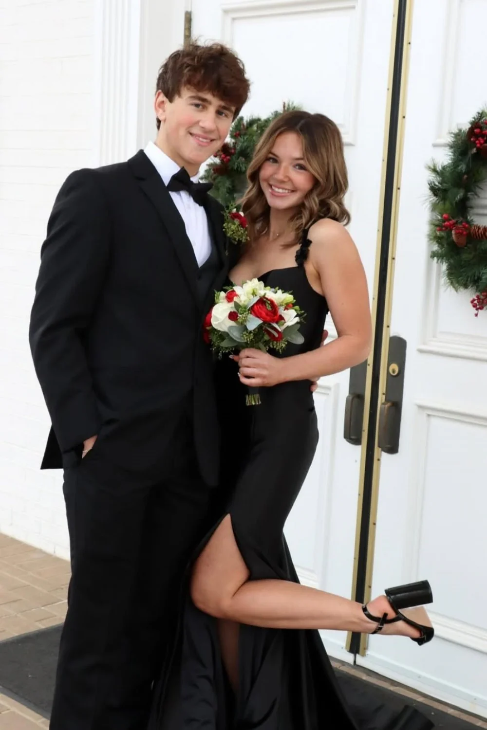 Red Satin Mermaid Prom Dress with Floral Strap Detailing and High Leg Slit - Image 5
