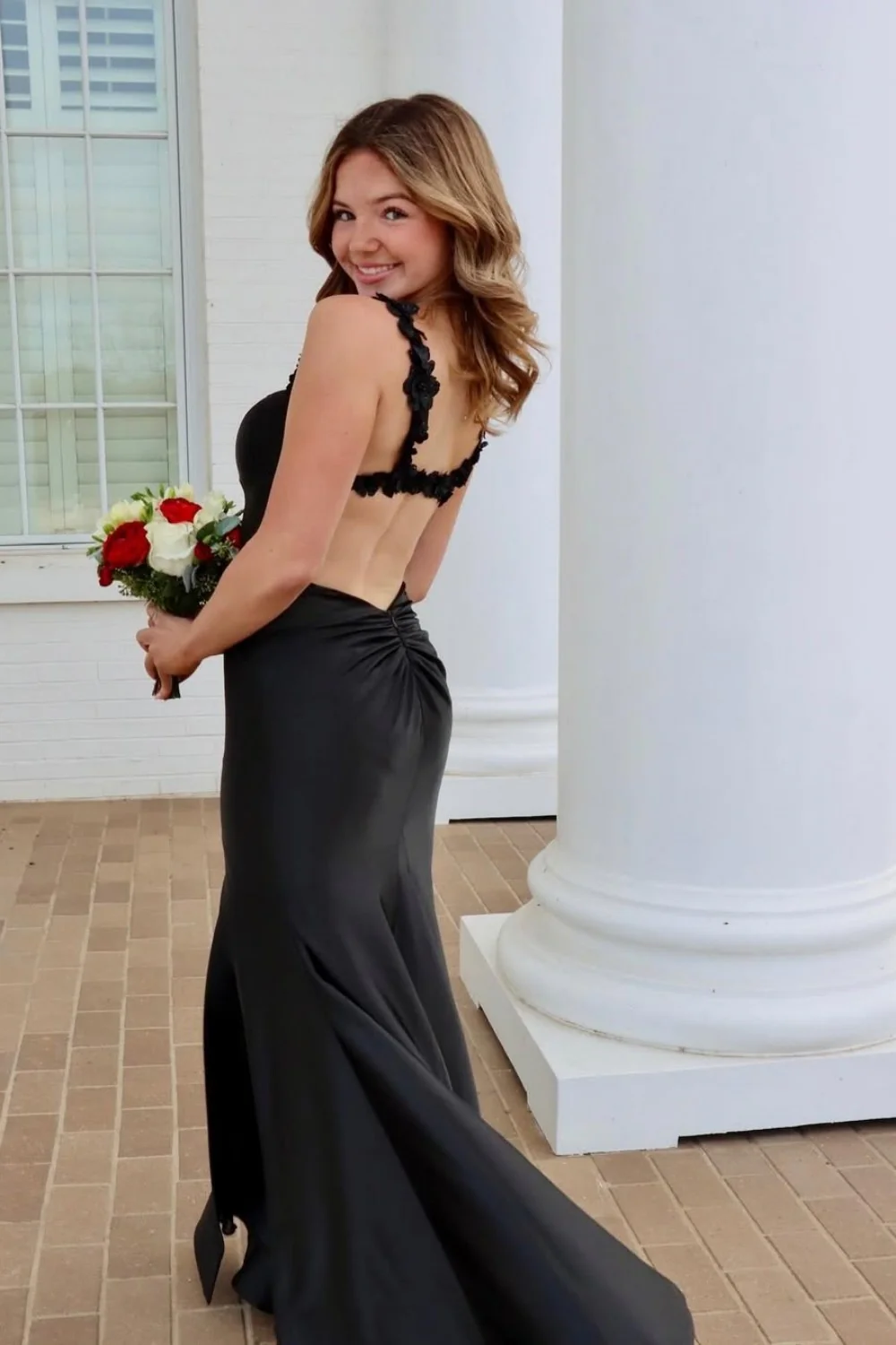 Red Satin Mermaid Prom Dress with Floral Strap Detailing and High Leg Slit - Image 6