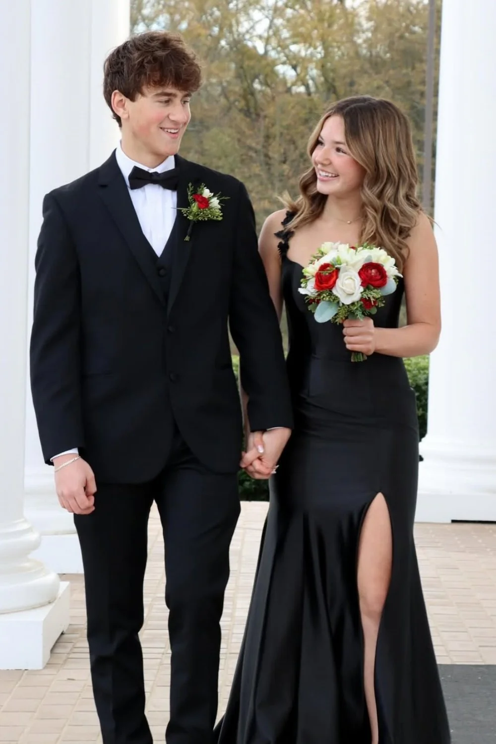 Red Satin Mermaid Prom Dress with Floral Strap Detailing and High Leg Slit - Image 7